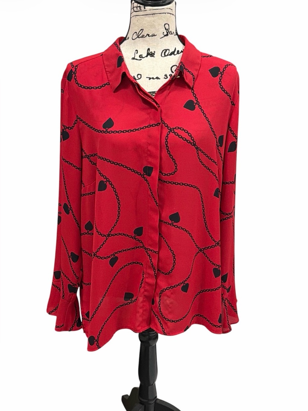 Liz Claiborne Vintage Career Red Black Heart Chain Print Blouse XL